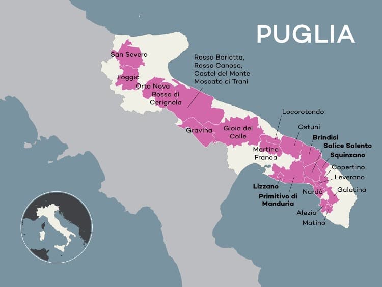 Apulie - mapa vinařských oblastí