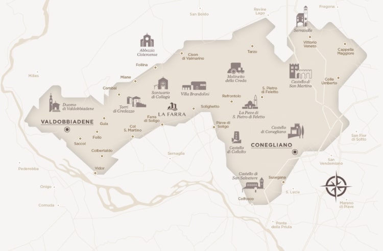 Mapa vinařské oblasti Conegliano Valdobbiadene DOCG a vinařstv La Farra